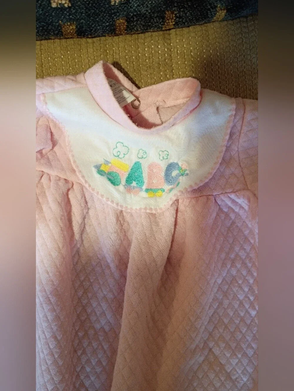 Vintage 90s Y2K Pink Quilted Baby Footed Sleeper with Alphabet Train Bib Detail